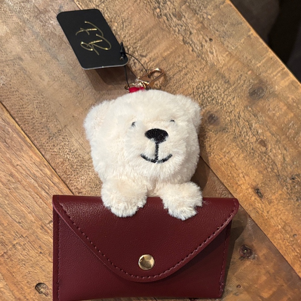 Nwt Burgundy Card Holder with Plush Bear Keychain